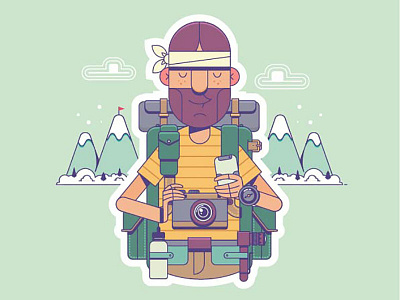 Happy hiker with backpack looks to the horizon over mountains