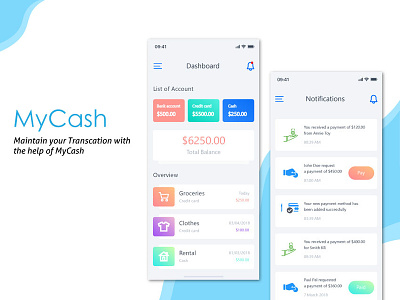 Mycash- Transcation App Board screen app colors design designer dribbleshot newbee payment app transaction ui