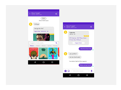 Chat and Book android app book booking app chat events messenger movie booking redesign shows stickers ui