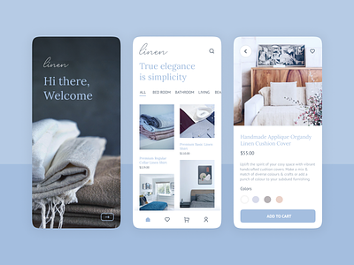 Concept app design for linen shop app design bed bed sheet app bedsheet blue blue app clothing clothing app indicolite linen linen app minimal mobile app modern shop app