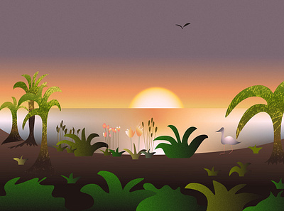 Sunset Scene colorful heron illustration palm palm trees print summer vector