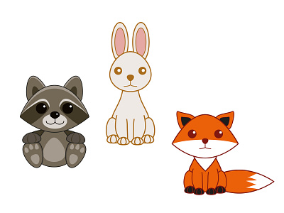 Raccoon, Bunny, and Fox Kawaii Style colorful graphic design illustration illustrator kawaii vector