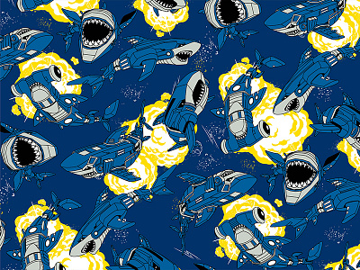 robo sharks childrens apparel explosions illustration seamless repeat sharks textile wallpaper