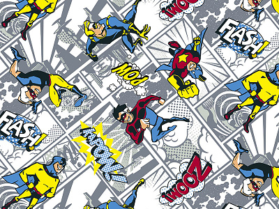 Comic Panel Print childrens apparel seamless repeat superheroes textile wallpaper