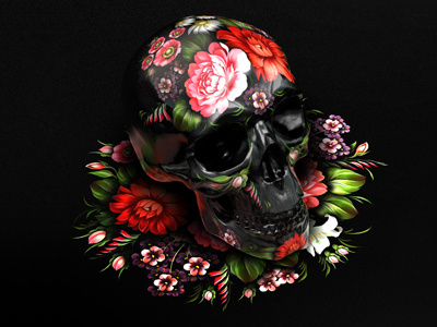 Zhostovo skull black flower skull zhostovo