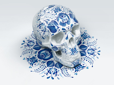 Gzhel skull blue flowers gzhel skull white
