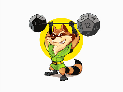 Mascot character dumbell fitness lifting mascot racoon sport vector
