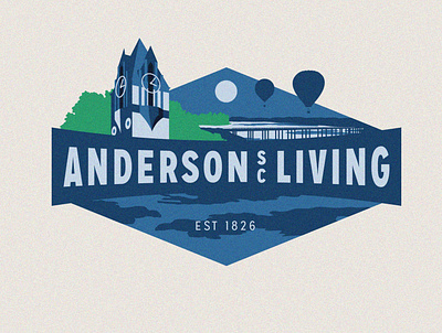 Anderson SC Living Logo badge branding design digital hot air ballon illustration lake lockup logo logo design sun tower vector