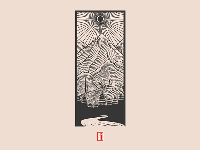 Mountains art design digital etching illustration mountains tattoo