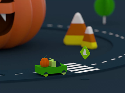 Driving on Halloween 3d animation brooms candy corn cars cat cinema3d ghosts halloween motion graphics pumpkins safety trick or treat witch