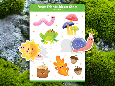 Forest Friends bright character design colorful design fall animal flat graphic graphic design icon design illustration illustrator mushroom nature simple snail sticker sheet sun texture vector worm