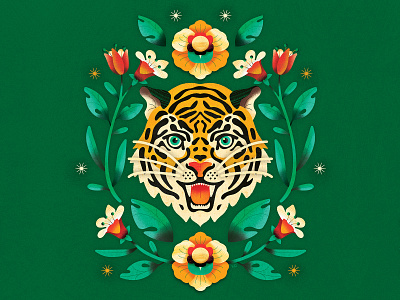 Jade Tiger animal bright colorful concept design detail flat floral floral design graphic graphic design illustration illustrations illustrator leaves plants texture tiger vector vector graphic