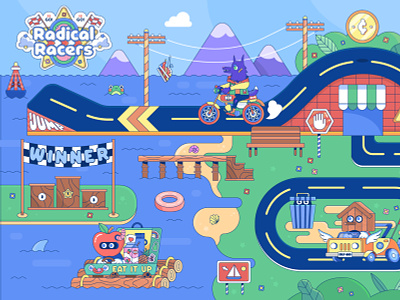 Radical Racers: Track One bright character character design colorful creativity design flat graphic graphic design illustration kartracing kawaii landscape line icon minimalistic simple vector vector art videogames