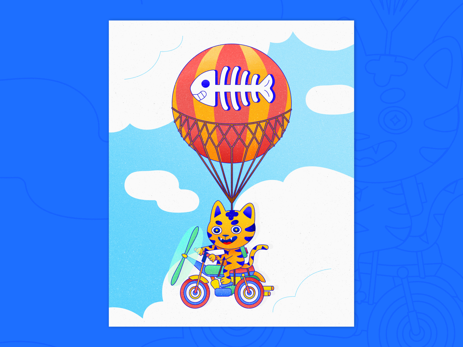 Peachtober 3: Cloud bicycle cat cat illustration cat vector children illustration clouds colorful cycling design flat flying flying machine graphic design hot air balloon illustration illustrator sky texture vector vector graphic