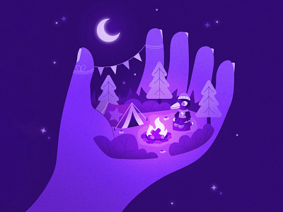 Peachtober 4: Hand bird camping camping tent character design colorful design flat forest hand hand illustration illustration illustrator landscape monochromatic moonlight night time simple texture vector vector grapic