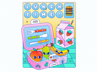 Lunch Time! apple banana box lunch character design childrens illustration colorful cute characters design flat food illustration fruit fruit character illustration illustrator lunch box pear school lunch still life texture vector