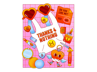 Thanks for Nothing character design collage colorful cute design flat flat lay girls graphic design heartbreak illustration illustrator lighter love makeup switchblade texture valentine valentines day vector