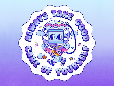 Always Take Good Care of Yourself Tamagotchi character character design colorful cute character design flat graphic design healthy illustration illustrator kawaii lockup nostalgia retro take care of yourself tamagotchi texture typography vector vector graphic