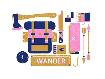 Wander Pattern adventure axe backpack bright camp camping compas explore icon illustration indie map nature neon pattern practice retro travel vector wander