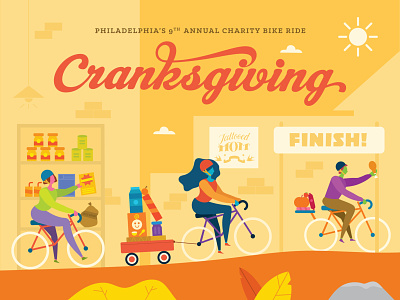 Cranksgiving 2019 bicycle biking branding character charity colorful cranksgiving design diversity drawing flat food graphic design illustration illustrator people design person shopping typography vector