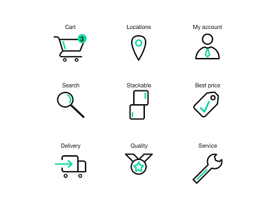 Ecommerce iconset account cart ecommerce graphic design green icon icons iconset locations search stackable webdesign