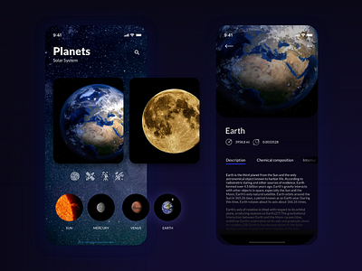 App concept - planets aplication app dark earth education education app information ios mercury planets solar system space space station star sun ui venus