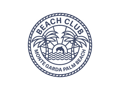 Beach club Monte Garda badge beach crest dolphin logo monoline palm palmtree sunset wave