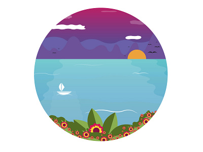 Mediterranean blue boat clouds flat flowers gradient illustration landscape mediterranean purple sea sunset