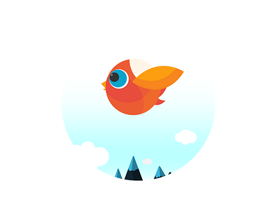 A little birdie bird blue clouds flat illustration orange red sky yellow