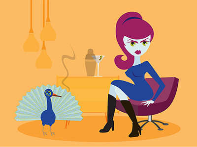 The Lady and the Peacock cocktails digital art mid century modern peacock pop art whimsical