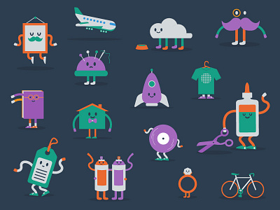 Character icons book characters glue icons illustration landing logos objects ring rocket spray paint tshirt
