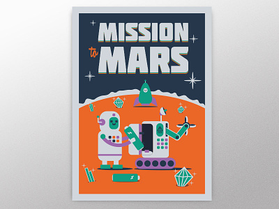 Mission to Mars astronaut character diamond flat illustration mission poster print robot