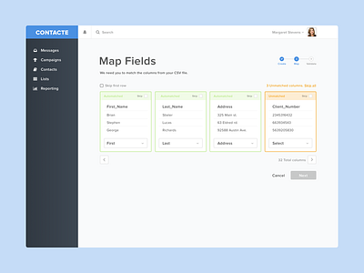 CSV Upload blue buttons clean color csv dropdown flow product ux