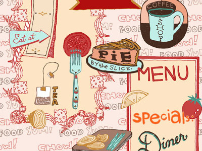 Chow coffee diner eat food fork graphics hand handlettering lemon lettering menu pie tomato web