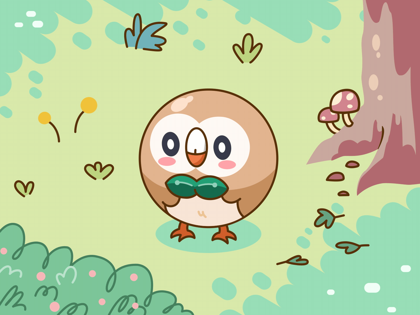 Rowlet's Nap 2d ae after effects bird bush gaming grass leaves motion design motion designer motion graphics mushrooms nintendo owl pokemon rowlet squash and stretch tree vector
