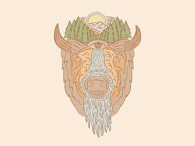 Flowing Wisdom bison buffalo illustration mountains nature pine trees retro third eye waterfall wisdom yellowstone