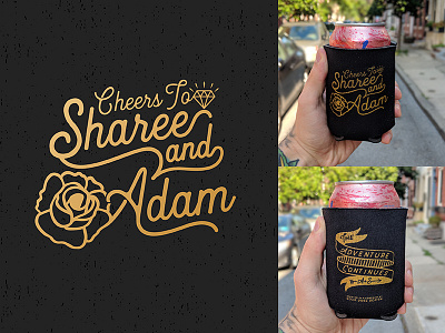 Cheers to Sharee & Adam customtype engagement flash gold illustration koozie logotype marriage traditional typography wedding