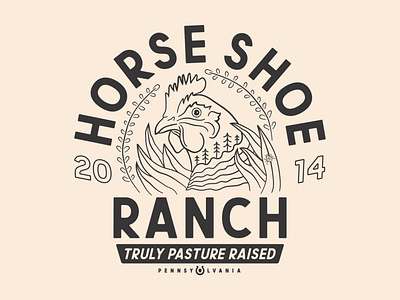 Horse Shoe Ranch Alternative Logo brand chicken farmer hen illustration lady bug lineart logo nature one color pasture raised pennsylvania ranch retro thick lines typography