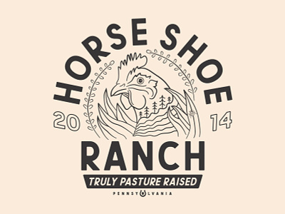 Horse Shoe Ranch Alternative Logo brand chicken farmer hen illustration lady bug lineart logo nature one color pasture raised pennsylvania ranch retro thick lines typography