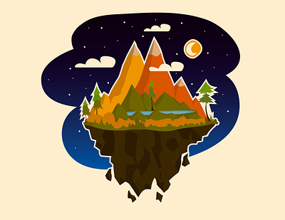 Island in the sky flat illustration island mountains night vector