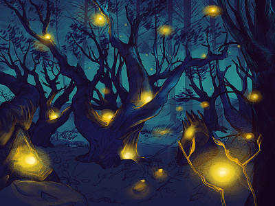 Firelfy Forrest blue cold eerie fantasie firefly forrest illustration label artwork night photoshop tree wacom