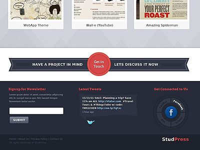 Footer clean footer get in newsletter simple social studpress theme touch tweets wordpress