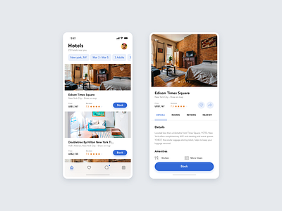 Hotel Booking App app app interface booking cards detail page hotel ios listing mobile app profile rating