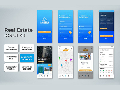 Real Estate iOS App UI Kit apartement blue booking buy clean customizable dark elements figma golden home ios