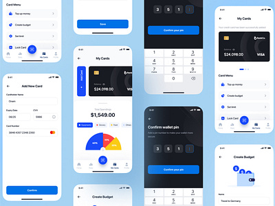 My Cards App UI Kit banking business credit digital money e wallet face id finance home screen market payment profile screen statistic