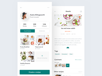 Recipe App Design - Profile & Recipe app clean color cookbook design food profile queble recipes typography ui ux