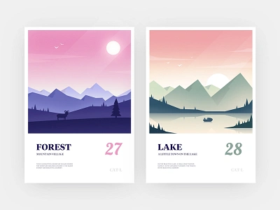 Illustration design beautiful scenery2 bird cloud colour design dribbble forest goat gradual change icon illustration lake light mountain postcard scenery ship sunlight tree ui ux