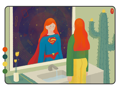 I'm superwoman drawing flat girl green illustration mirror orange plants washroom water woman yellow