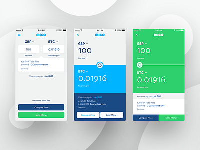 Mico Concepts appdesign banking bitcoin currency exchange fancy screen smart transfer