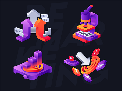 Remarketing illustrations pt.1 gradients icon icons illustration isometric icons isometric illustration isometric style isometry orange purple vector art vector icons